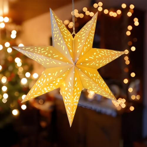 Weihnachtsstern für Innen, 45 cm 3D Faltbarer Papierstern Hängende Weihnachtsstern Beleuchtet, Deko-Stern Beleuchtet aus Papier zum Aufhängen, Weihnachtsdeko Adventsstern mit Lichterkette (Blumen)