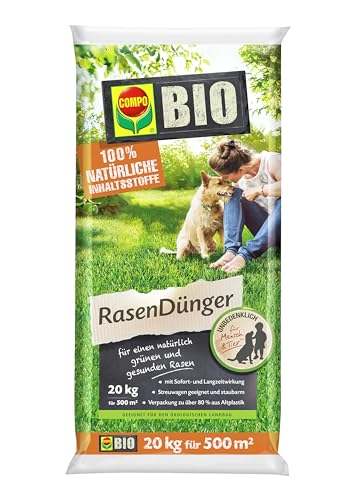 COMPO BIO Rasendünger 20kg für 500 m Organischer-Rasendünger für tiefgrünen widerstandsfähigen Rasen unbedenklich für Mensch & Tier mit Mikroorganismen