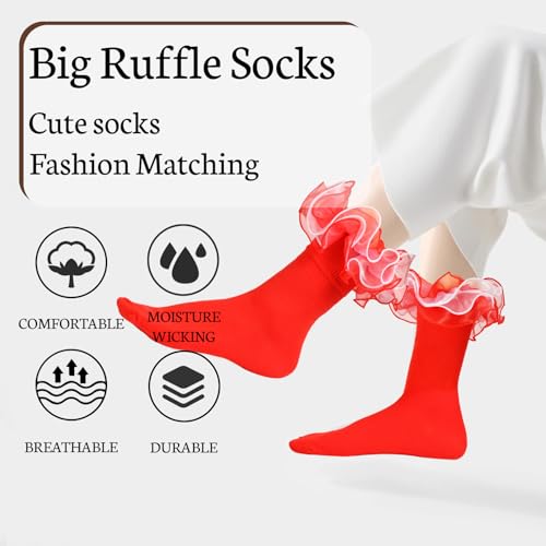 Image of Women Ruffle Socks with 4-Layer Big Frilly Lace Turn Cuff Dress Socks Adult Soft Cotton Fancy Frilly Sock (US, Alpha, One Size, Regular, Regular, 3 Pairs A)