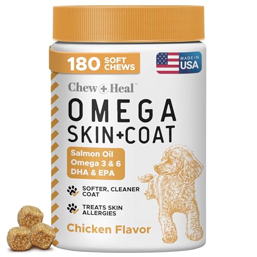 Omega 3 for Dogs - 180 Soft Chew Omega Treats for Skin and Coat - Fish Oil Blend of Essential Fatty Acids, Omega 3 and 6, Vitamins, Antioxidants and Minerals - Made in USA