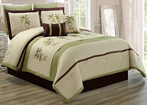 8 Piece Oversize Sage Green / Dark Beige (Background) / Brown Tropical Palm Tree Embroidered Comforter Set King Size Bedding 104"X94" #TOP1