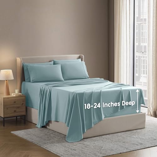 Image of Nestl Extra Deep Cal King Sheet Set - 6 Piece Breathable & Cooling Sheets - Hotel Luxury Bedding Set w /18-24 Inch Deep Pockets - Easy & Secure Fit - Super Soft, Wrinkle Free & Comfy - Light Blue