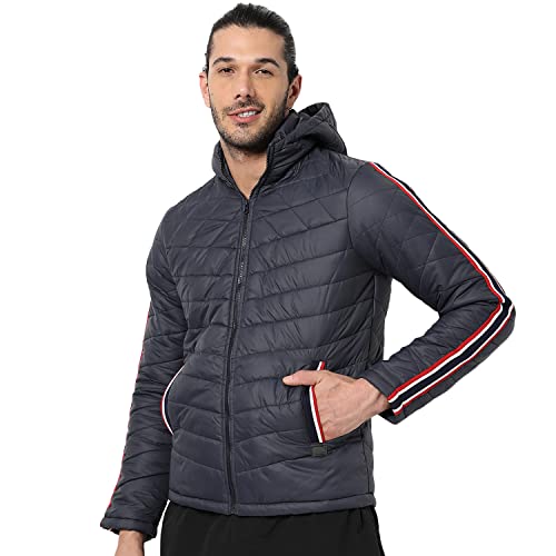 Image of CAHOOT Men's Quilted Puffer Jacket With Contrast Striped Sleeve For Casual Wear | Hood Neck | Long Sleeve | Zip Closure | Polyester Jacket Crafted With Comfort Fit For Everyday Wear