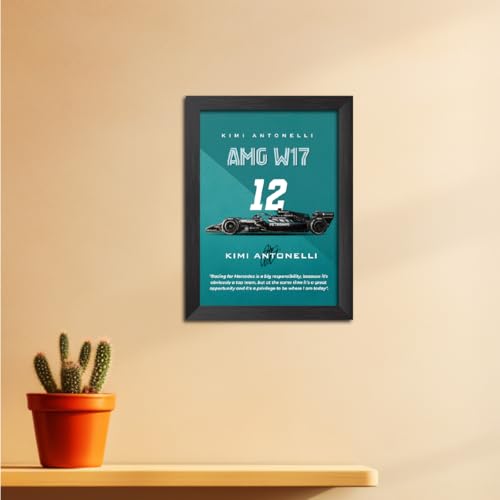 Image of TenorArts Kimi Antonelli Poster Frame F1 Racing Car Mercedes W17 Formula One Photo Framed Painting with Matt Finish Black Textures (12 inches x 9inches)