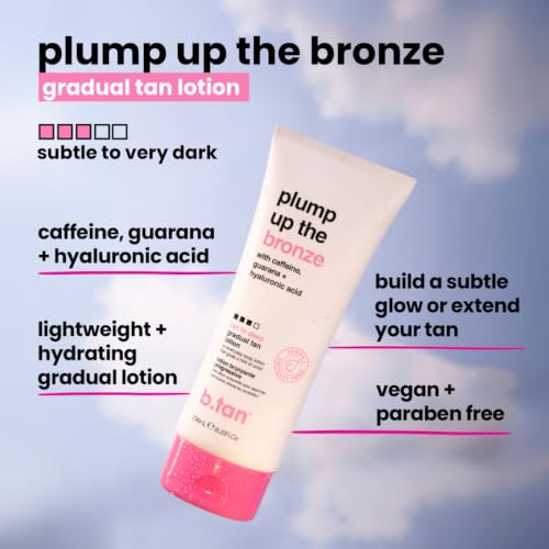 Image of b.tan Dark Gradual Self Tanning Lotion | Plump Up the Bronze Everyday Glow Lotion - Develop a Bronzed Glow, Sunless Tanner Infused With Hyaluronic Acid, No Fake Tan Smell 8 Fl Oz