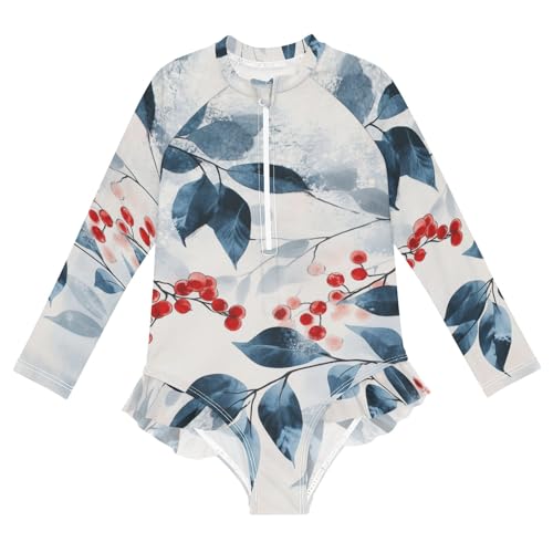 ALAZA Swimsuit for Girls Long Sleeve Rashguard Bathing Suit Painting Red_Berries Blue Leaves Quick Dry 4T