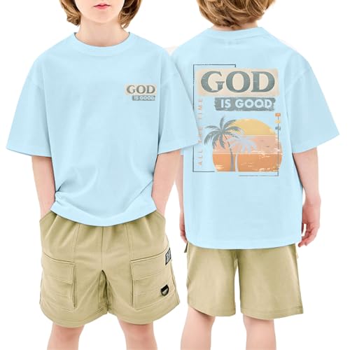 Image of KEEVICI Boys God is Good Shirt Christian Faith Shirts for Kids Jesus Beach Palm Tree Hawaiian Tshirt Graphic Tees Cotton Tops