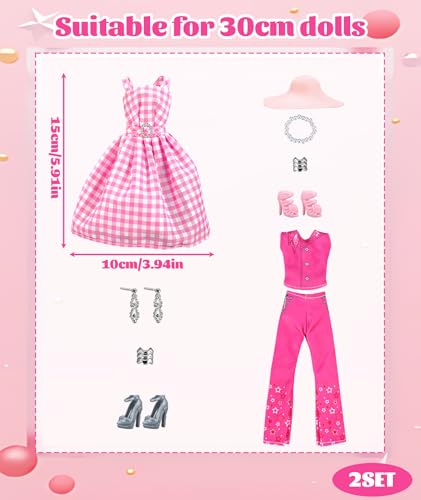Image of Doll Dress Set, Doll Dress, Doll Clothes Set for Creative Role-Play Activities, Fashion Combination Storytelling Games, Complete Outfit with Dress and Accessories for Girls（Pink and Rose Red