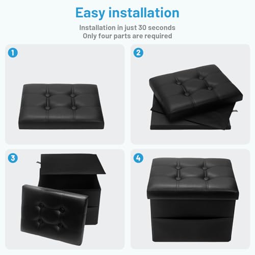 Image of Bsketa Storage Ottoman Bench,17 Inch Folding Leather Foot Rest Stool, Black | Small Ottoman with Side Pockets, Thicker Foam Padded Seat, Livingroom, Dorm, Bedroom, Easy to install, 43L,17x13x13in