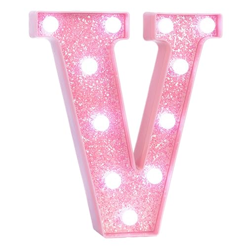 Image of Pink Marquee Light Up Letters, Glitter Alphabet LED Letter Lights for Pink Birthday Party Decorations, Battery Operated Letter Sign for Girls Room Vanity Table Decor, Cool White Lights Letter V