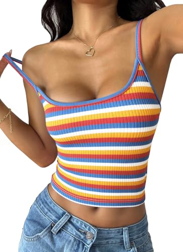 PRETTYGARDEN Women Summer Crop Tops Sleeveless Spaghetti Strap Tank Striped Cami Knit Y2K Clothes Slim Fit Spring Shirts(Multicolour Small)
