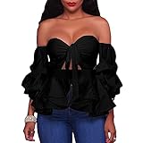 Women Off Shoulder Long Sleeve Ruffled Shirts Female Solid Color Lace-up T-Shirts Blouses Crop Tops Black