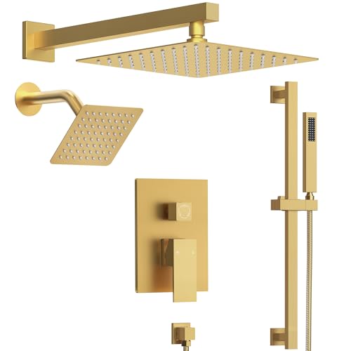 Image of 10 inch High-Pressure Rainfall Shower Faucet with Handheld Spray, Wall Mount Dual Shower Head System with Slide Bar (Brushed Gold)