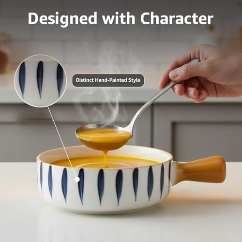 Image of Amazon Basics Ceramic Snack Bowl with Handle | White & Blue Serving Bowl with Yellow Handle | Microwave & Dishwasher Safe Big Bowl Perfect for Snacks, Noodles, Salads, Soup, Baking (700ml)