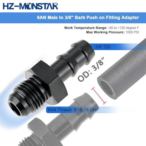 Hz-Monstar 6AN MALE FLARE TO 3/8“ Hose Barb Straight Fitting Adapter, Aluminum Black Straight Swivel Hose Fitting Fuel Line Adapter On Barbed Pipe Connector Work thumb #1