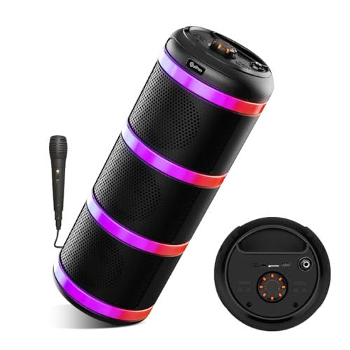 Image of pTron Fusion Theatre 60W Bluetooth Speaker w / 3m Wired Karaoke Mic, Punchy Sound, 5 EQs, Vivid RGB Lights, Party Speaker w / BTv5.2 /USB /SD Card Playback, TWS Mode & Type-C Charging (Midnight Black)