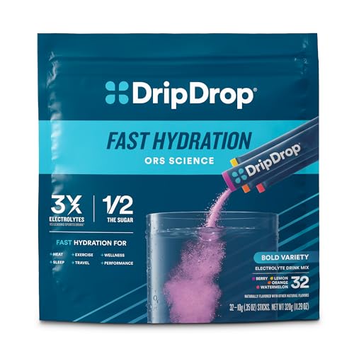 DripDrop Hydration Packets - Bold Variety Pack - Single Serve Electrolytes Powder Drink Mix - Watermelon, Berry, Lemon, Orange - Non-GMO, Gluten Free, Vegan - 32 Sticks
