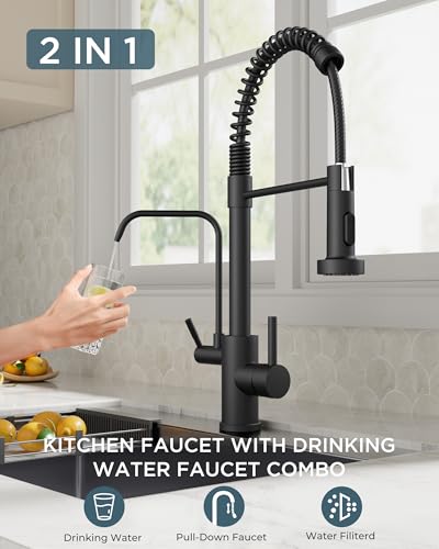 Image of FORIOUS Black Kitchen Faucet with Purfied Water Filter, 2 in 1 Commercial Stainless Steel Pull Down Sink Faucet and Drinking Water Faucet 2 Handle for Pot Filler Kitchen Sink Farmhouse Bar