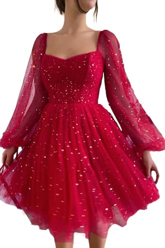 Xijun Sparkle Starry Tulle Homecoming Dress for Teens Puffy Sleeve Prom Dress Formal Evening Gowns with Pockets2