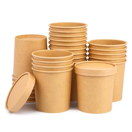Image of 16 Oz 25 Pcs Paper Soup Cups with Lids, Paper Ice Cream Cups | Biodegradable Soup Containers with Lids, To Go Soup Container for Ice Cream, Yogurt, Cold and Hot Food