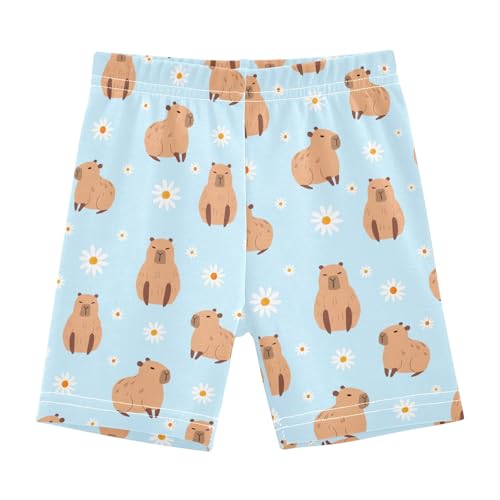 Capybara with Daisy Flowers Blue Girls Shorts Elastic Waist Sports Shorts Girls Leggings Pants for 4-10 Years