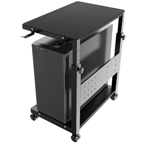 PUTORSEN Computer Tower Stand Cart - 2-Tier pc tower stand with 4 Casters Rolling Holder with Pegboard & 2 Hooks Height Adjustable from 52 to 77cm for Office Home Gaming Black