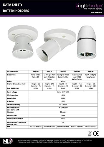 Knightsbridge SN8230T2 HO BC Batten Holder with Ceiling Rose Base ,White,3-Plate - Image 3