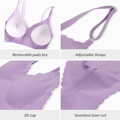 Image of DEANGELMON V Neck Bra Padded Seamless Adjustable Straps Bralettes Everyday Basic Sleeping Bras Multiple Pack