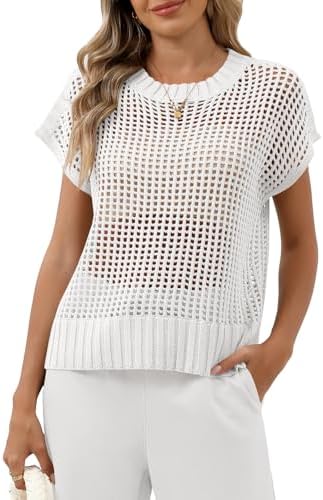 Women Summer Short Sleeve Crochet Sheer Knit Sweater Top Beach Cover Up Hollow Out Sexy See Through T-Shirts