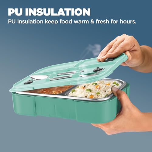 Image of Milton Bravo 2 Inner Stainless Steel Tiffin Box for School, 2 Partition, Steam Release Plug| PU Insulated, Leak-Proof, Food Grade I Lunch Box for Kids Boys,Girls with Snap Lock Lid,650 ml,Pastel Green