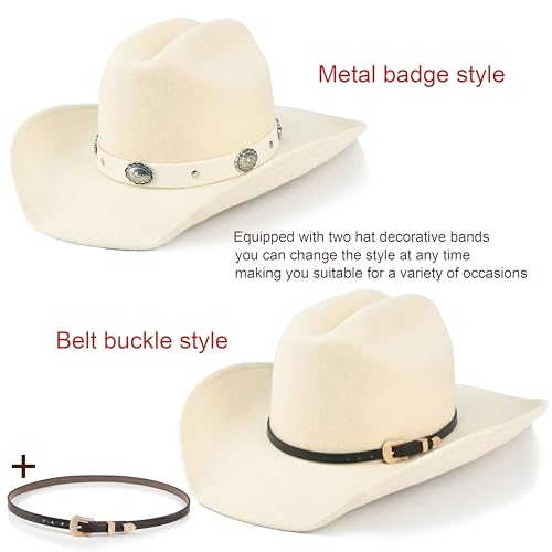 Image of 100% Wool Western Cowboy Hat for Men Women Classic Fedora Hat Felt Cowgirls Hats with Two Decorative Bands
