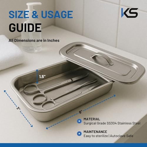 Image of KS Stainless Steel Instrument Tray with Lid - Deluxe Quality SS304 Medical Tray for Hospitals, Clinics, and Surgical Use - Corrosion-Resistant, Sterilizable (8 inch x 3 inch x 1.5 inch, Pack of 1)