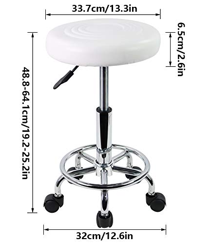 KKTONER PU Leather Modern Round Rolling Stool with Footrest Height Adjustable Spa Drafting Salon Tattoo Work Massage Stools Task Chair Small (White) - Thumbnail 3
