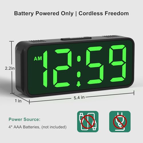 Image of Peakeep Small Mini Battery Powered Digital Alarm Clocks for Bedrooms Bedside, Cordless Tiny Travel Portable Desk Clock, Large Numbers Auto Dimmable, LED Display 4 Dimmers, 5 Alarm Volumes