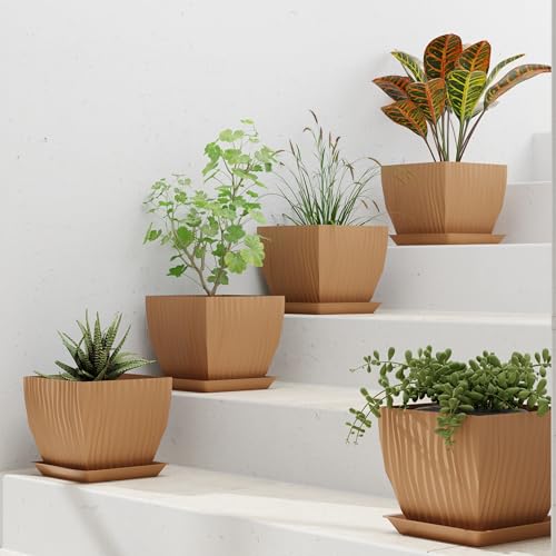 Image of ELUVIA 7-inch Square Planters with Saucers (Set of 5) - Modern Fluted Flower Pots with Drainage Holes and Trays - Premium Plastic Indoor Outdoor Plant Pots for Succulents, Flowers (Wooden)
