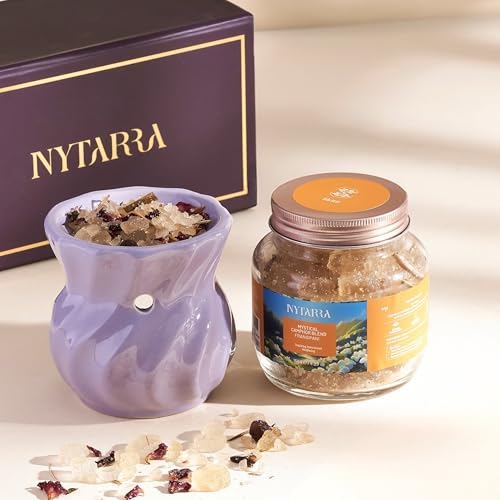 Image of Nytarra Mystical Camphor Blend Gift Box, Frangipani 150g | Ceramic Aroma Diffuser, Pure Kapooram, Tea Light Set Combo | for Meditation, Aromatherapy and Gifting | Kapoor Made with Herbs & Spices
