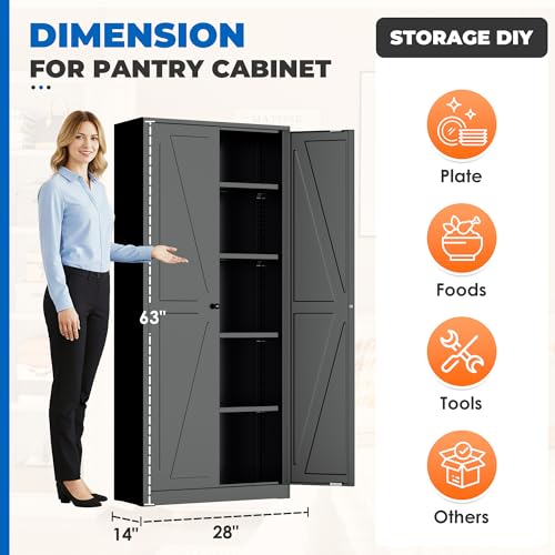 Image of INTERGREAT Metal Storage Cabinet with 2 Doors and 4 Shelves,Tall Kitchen Pantry Cabinets,Farmhouse Utility Pantry Organizers for Dining /Bathroom /Home Office /Garage Room,Black