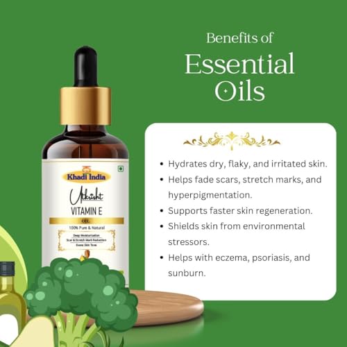 Image of Khadi Vitamin E Essential Oil 15 ml | Pure & Natural | For Scalp Care, Skin Tightening & Fine Lines | Anti Aging Properties | Oil for Face | All Skin Types | Aromatherapy for Men & Women