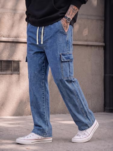 Image of JMIERR Men's Stretch Cargo Jeans Loose Straight | Over 60% Cotton Blend, Stretch Denim, Drawstring Waist, 5-Pocket Design, Loose Straight Fit, Casual Workwear Jeans