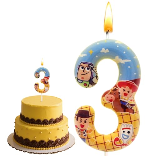 Story aniversário 3 anos, Buzz velas de aniversário, vela infantil 3D, desenhos animados bolo decoração, adequada para meninos e meninas