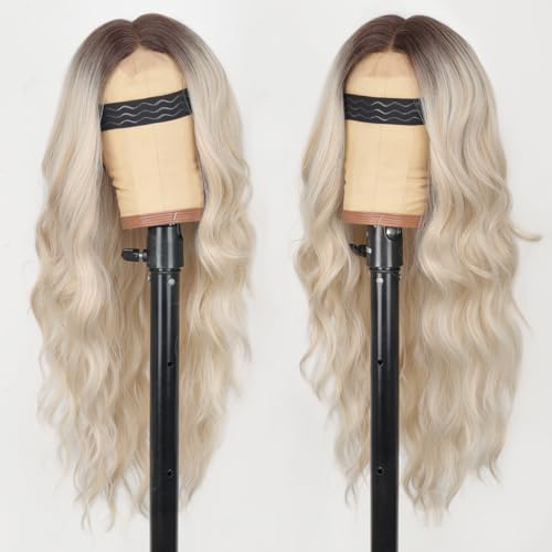 Image of AISI HAIR Ombre Platinum Blonde wig Wig for Women, Long Wavy Lace Hairline Middle Part Synthetic Heat Resistant Wig for Daily Party-26 Inch