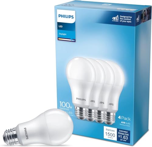 Philips LED Basic Frosted Non-Dimmable A19 Light Bulb - EyeComfort Technology - 1500 Lumen - Daylight (5000K) - 13.5W=100W - E26 Base - Indoor - 4-Pack