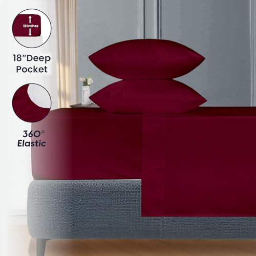 Image of SGI bedding 120 inch W x 80 inch L 4Pc Family King Sheet Set 100% Egyptian Cotton - 600 Thread Count, Fits 18 inch Deep Pocket - Soft Breathable Oversized Sheets, for Extra Large Beds - Burgundy