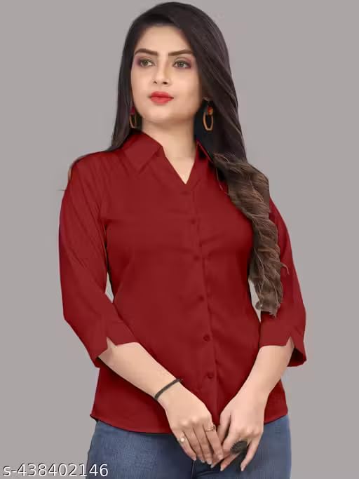 Image of Women's Cotton Blend Solid Shirt - Stylish Collar Neck-Purple-G1 P7