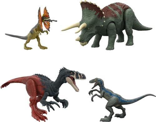 Mattel Jurassic World - Survival-Instincts-Dinosaurier-Starterset, Roar Strikers Megaraptor und Pteranodon, Blue und Dilophosaurus, digitales Spielerlebnis, Dinosaurierspielzeug ab 4 Jahren HJJ85