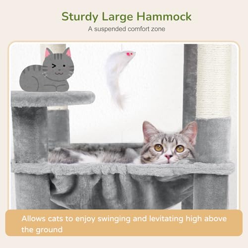 Globlazer Cat Tree Tower with Scratching Post for Indoor Cats, 53inch Tall Plush Multi-Level Cat Climbing Tower Condo House with Large Hammock, Spacious Cat Cave, Padded Top Perch Bed, F53, Light Gray - Image 5