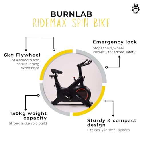 Image of Burnlab Ride Max Spin Bike|6KG Heavy-duty Flywheel | LED Screen Display | Adjustable Resistance & Heart Rate Sensor| Steel Frame |Max Weight Capacity: 120 kg | Quiet Belt-Driven System| Home Workout & Cardio| DIY Installation