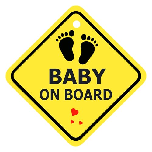 Image of Baby on Board Car Hanging Sign - Newborn Safety Sign for Rear Windshield with Suction Cup, 300 GSM Laminated Board, 20.32 cm, Yellow (Pack of 1, 20.32 x 20.32 cm),Double Side Printed