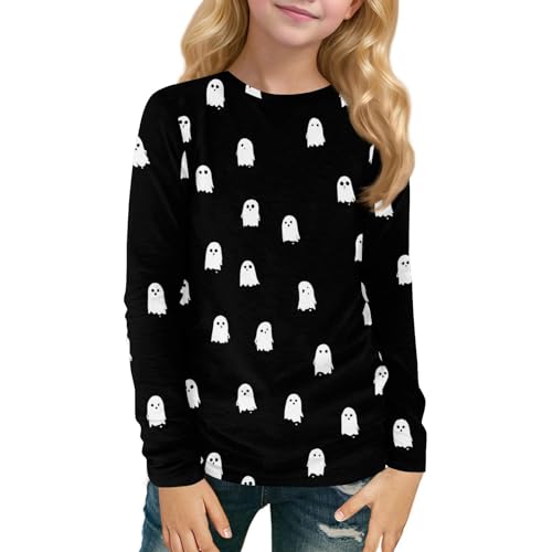 Girls' Long Sleeve Graphic Tee Halloween Cute Print Soft Crewneck Pullover Comfortable Casual Shirt for Kids