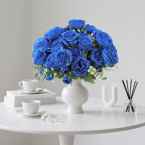 Image of 8 Pack Royal Blue Peonies Artificial Flowers, Faux Floral Fake Silk Hydrangea Bouquet for Bridal Wedding Home Table Decor Reusable Dining Opening Ceremony Birthday Arrangement